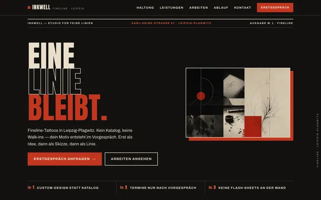 Showcase: Inkwell Tattoo Studio, Editorial-Brutal-Design von WebGen