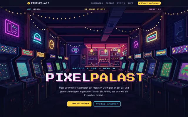 Showcase: Pixelpalast Arcade & Bar, Pixel-Arcade-Design von WebGen (Mode #14)